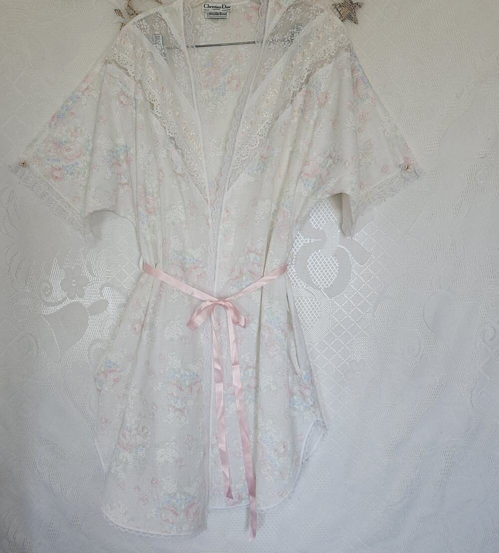Vintage Christian Dior Lingerie Petite Floral Cotton Robe Lace Trim White Pink
